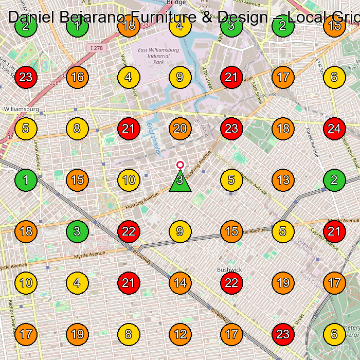 Daniel Bejarano Furniture & Design Cabinet Maker GeoGrid ranking map for Brooklyn NY
